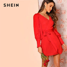 Load image into Gallery viewer, SHEIN Frilled Bishop Sleeve Belted Wrap Ruffle Dress