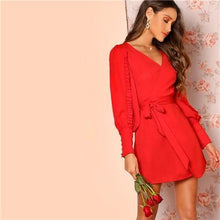 Load image into Gallery viewer, SHEIN Frilled Bishop Sleeve Belted Wrap Ruffle Dress
